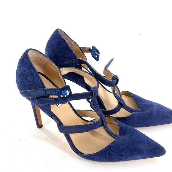 Charles David Cage Strappy Heels 7.5 Blue Suede Pumps Academia Office Career - Picture 2 of 5